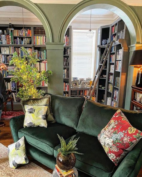 A Wonderful Eclectic Maximalist Home in England 1 Beautiful Home Library, Latest Sofa Designs, Maximalist Home, Green Couch, Edwardian House, Eclectic House, Eclectic Living Room, Maximalist Decor, Home Libraries