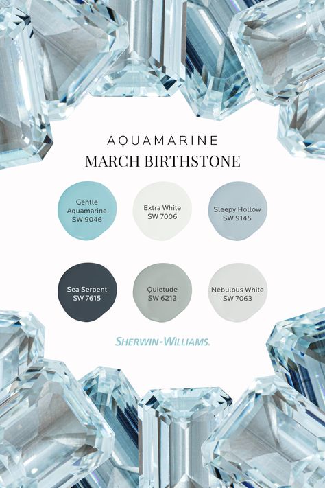 Aquamarine Colour Palette, Aquitaine Sherwin Williams, Gemstone Color Palette, Aquamarine Color Palette, Aquamarine Paint, March Color Palette, Beach Exterior House, Aquamarine Painting, Sherwin Williams Paint Neutral