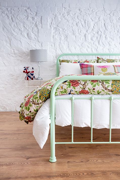 Painted Iron Beds, Elsa Room, Periwinkle Room, Bedroom Redecorating, Cozy Cottage Bedroom, Metal Bed Frames, Antique Iron Beds, Barn Bedrooms, Green Headboard