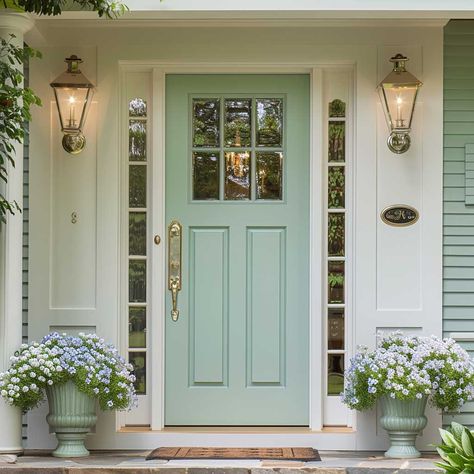 22+ Mint Green and Dove White Fresh Colours for an Inviting House Front • 333+ Art Images Pale Green Front Door, Mint Green House Exterior Color Schemes, Mint Green Home Exterior, Mint Colored Front Door, Mint Green Doors Front Entrance, Mint Green Front Door, Queenslander Homes Exterior, Green House Exterior, Columns Decor