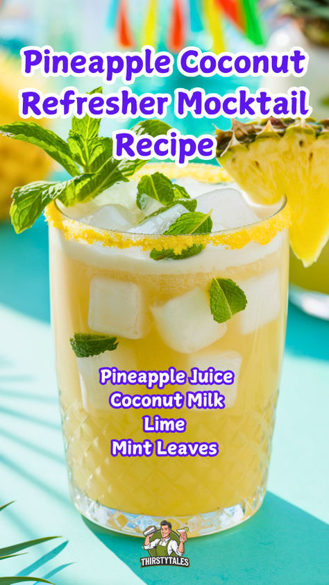 "Quench your thirst this summer with our delightful Pineapple Coconut 
Refresher Mocktail! This tropical mocktail combines the sweet taste of 
pineapple with creamy coconut for a perfect non-alcoholic beverage. Ideal 
for warm days, this refreshing drink recipe is a must-try for anyone 
seeking delicious summer drinks. Enjoy the vibrant flavors of this 
pineapple mocktail and elevate your gatherings with this easy-to-make, 
refreshing drink! Perfect for parties or a relaxing afternoon." Hawaiian Drinks Non Alcoholic, Tropical Drinks Non Alcoholic, Mocktail Pineapple, Coconut Water Mocktail Recipes, Mocktail Pineapple Juice, Pineapple Juice Mocktail Non Alcoholic, Pineapple Coconut Mocktail, Hawaiian Drinks, Yummy Summer Drinks