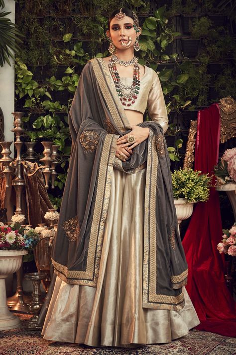 Shop for these amazing collections of Beige Silk Tissue Lehenga Set With Steel Grey Dupatta For Women by Ranian online at Aza Fashions. Tissue Lehenga, Grey Anarkali, Grey Dupatta, Marriage Clothes, Lengha Blouse Designs, Lehenga Anarkali, Velvet Dupatta, Ridhi Mehra, Zardosi Embroidery