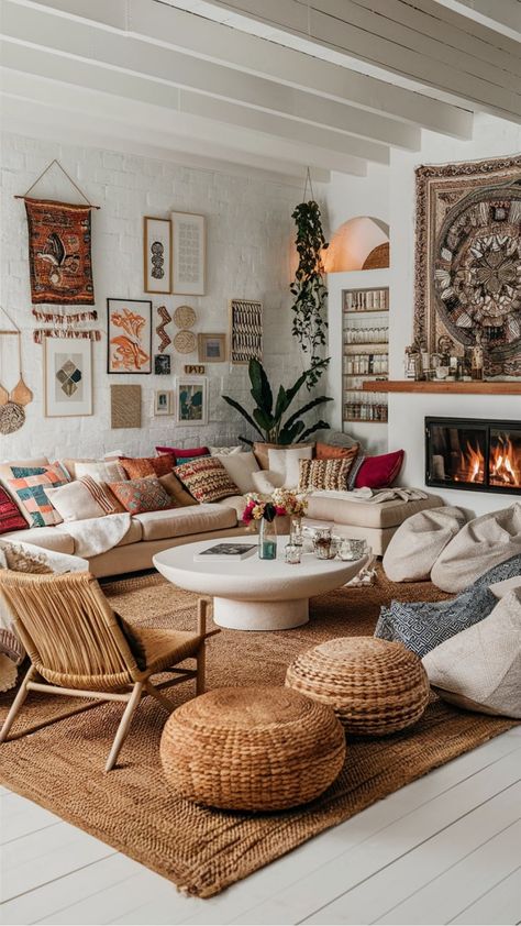 Bohemian-style living room with a cozy sofa, woven decor, and vibrant textiles. Macrame Wall Hanging Over Couch, Bobo Chic Home Living Rooms, Minimalist Living Room Pop Of Color, White Couch Boho Living Room, Bold Boho Living Room, Masculine Boho Living Room, Beige Living Room With Pop Of Color, Boho Eclectic Living Room Ideas, Plant Living Room Aesthetic