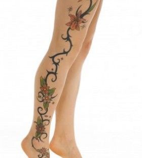 Black ornaments of flowers and tribal tattoo on leg Tiger Lily Tattoos, Flower Vine Tattoos, Thigh Tattoo Designs, Vine Tattoos, Fresh Tattoo, Leg Tattoos Women, Lily Tattoo, Calf Tattoo, Flower Tattoo Designs