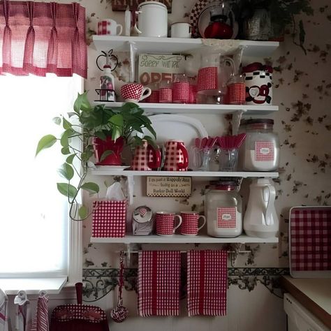 Post from i heart my ShabbyDecor Decorating Kitchen Ideas, Cottage Kitchen Decor, Red And White Kitchen, Small Cottage Kitchen, Cottage Vibes, Gothic Dollhouse, Red Cottage, Decorating Kitchen, White Farmhouse