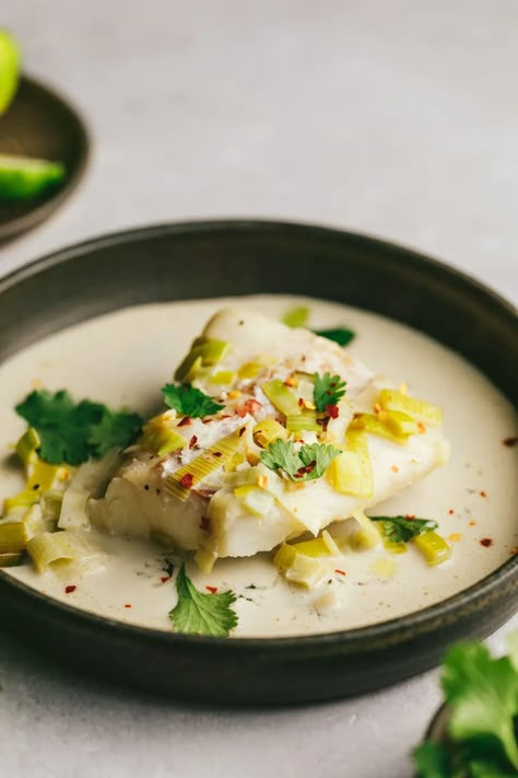 Poached Cod in Coconut Milk (Keto, Low Carb) - Stem and Spoon Fish And Coconut Milk Recipes, Cod In Coconut Milk, Baked Cod With Coconut Milk And Lemon, Coconut Poached Cod, Coconut Poached Fish, Cod Coconut Milk, Coconut Milk Poached Cod, Poached Cod In Coconut Milk, Coconut Milk Fish Recipes