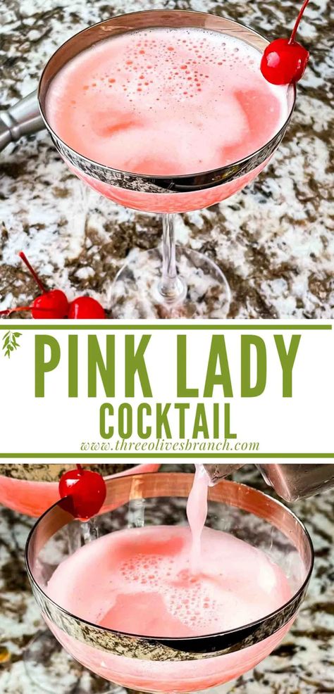 Pink Party Drinks, Cherry Cocktail Recipes, White Lady Cocktail, Pink Lady Cocktail, Whipped Cream Vodka, Fun Drink Recipe, Grease Movie, Gin Lemon, Cherry Cocktail