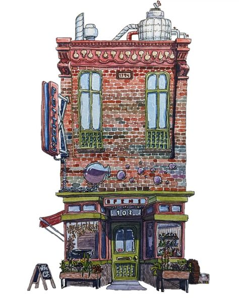 Green purple and red brick storefront that sells potions Vintage Storefront Illustration, Store Front Drawing, Storefront Painting, Storefront Drawing, Storefront Art, Potion Shop, Lighthouse Cafe, Urban Drawing, Building Reference