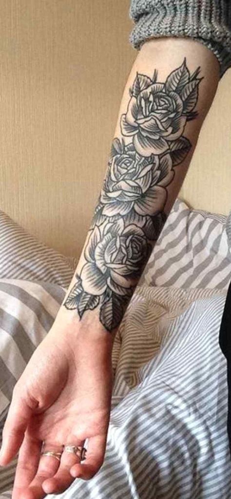 Black Rose Forearm Tattoo, Traditional Arm Sleeve, Rose Forearm Tattoo, Unique Forearm Tattoos, Forearm Tattoo Ideas, Outer Forearm Tattoo, Forearm Flower Tattoo, Simple Tattoos For Women, Rose Tattoos For Women