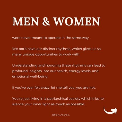 Our patriarchal society follows the circadian rhythm, designed for consistent daily performance. Which is ideal for? You’ve got it: men. But cyclical beings are guided by the infradian rhythm—akin to the moon cycle—which leads to naturally occuring fluctuations in energy, mood, and productivity throughout the menstrual cycle. Attempting to fit women into this constant productivity model, ignoring our natural rhythms, can lead to burnout, fatigue, PMS, and period cramps. Studies indicate wo... Infradian Rhythm, Patriarchal Society, The Moon Cycle, The Menstrual Cycle, Moon Cycle, Period Cramps, Moon Cycles, Inner Light, Circadian Rhythm