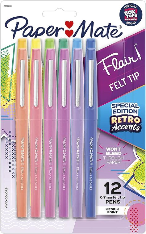 Amazon.com : Paper Mate Flair Felt Tip Pens, Medium Point (0.7mm), Assorted, Special Edition Retro Accents, 12 Count : Office Products Paper Mate Pens, Paper Mate Flair, Felt Tip Pens, Office Vibes, Flair Pens, Paper Mate, Felt Tip, Freshman Year, Office Products