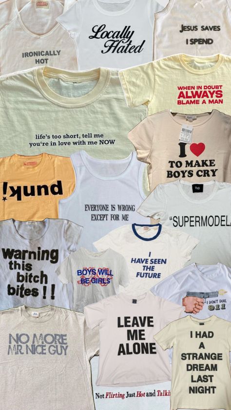 2000’s t-shirts 2000s Tshirt Design, Graphic Baby Tees Aesthetic, Unhinged Tshirts, Diy T Shirt Printing, Silly Shirts, Fall Thrift, Tshirt Prints, Outfit Collages, Grafic Tees