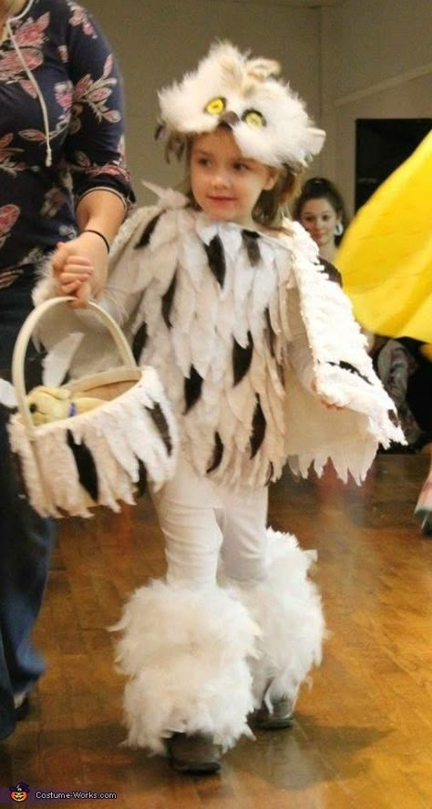 Laurie: This is my 3 year old, Madelyn. We saw a lot of owl costumes on Pinterest so we worked off that. We looked at fabric but we wanted something soft... Snowy Owl Costume, Owl Costume Women's, Toddler Owl Costume, Snow Owl Costume, Diy Owl Costume, Owl Costume Kids, Owl Costume Diy, Owl Costumes, Hedwig Costume