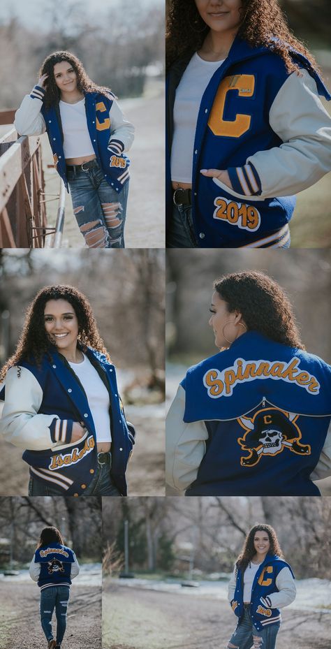 Senior Jacket Photoshoot, Senior Letter Jacket Photos, Senior Pictures With Varsity Jacket, Senior Picture Poses Letterman Jackets, Senior Jacket Picture Ideas, Letterman Jacket Graduation Pictures, Senior Picture Ideas Varsity Jacket, Letterman Jacket Outfit Senior Pictures, Varsity Jacket Photoshoot Ideas