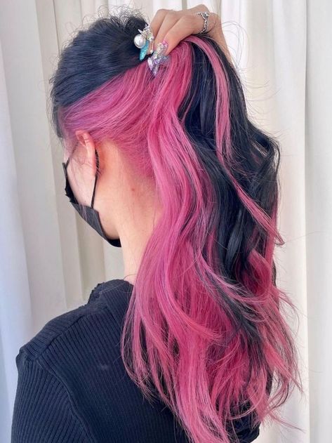 long curly black hair with hot pink underneath Pink Peekaboo Hair, Two Tone Hair Color, Under Hair Dye, Dark Pink Hair, Exotic Hair Color, Hidden Hair Color, Peekaboo Hair Colors, Pink And Black Hair, Two Tone Hair