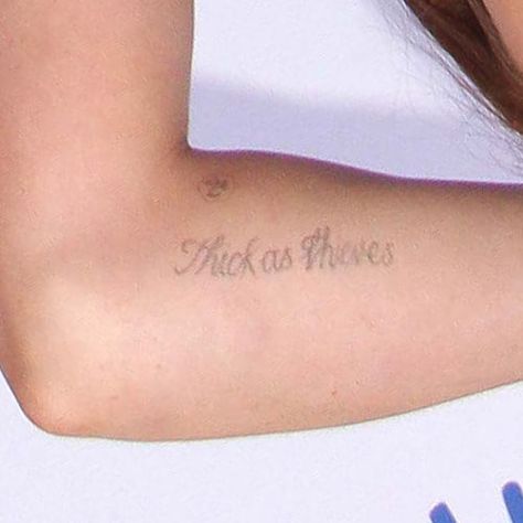 Hilary Duff has 12 small tattoos, including one that says "thick as thieves" in cursive. #tattoos #bodyart Hilary Duff Tattoo, Luca Tattoo, Famous People Tattoos, Tattoo Cursive, People Tattoos, Thick As Thieves, Cursive Tattoos, Flash Tattoos, Steal Her Style