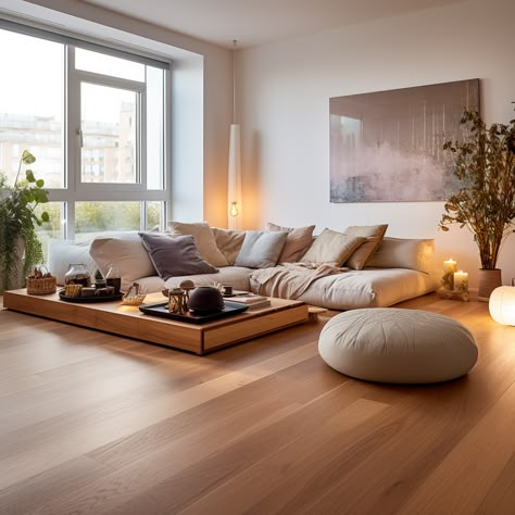 Low To The Ground Living Room, Minimalist Living Room Wooden Floor, Minimalist Wooden Living Room, Low Rise Coffee Table, Japandi Floor Seating, Low Sofas Living Room, Low Cushion Seating, Sofa On Wooden Flooring, Floor Seated Living Room