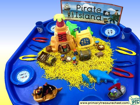 Pirates Sensory Activities, Pirate Tuff Tray Eyfs, Spaghetti Tuff Tray Ideas, Pirate Messy Play, Pirate Tuff Tray, Small World Tuff Tray Ideas, Pirate Small World, Pirate Tuff Tray Ideas, Pirates Eyfs