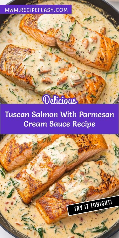 Craving a creamy, savory dish that brings the Mediterranean to your table? This Tuscan Salmon with Parmesan Cream Sauce is sure to satisfy your taste buds! Make sure to save this recipe for your next Mediterranean dinner idea and impress your family with your culinary skills. Parmesan Cream Sauce Recipe, Mediterranean Dinner Ideas, Creamy Tuscan Salmon, Salmon With Cream Sauce, Tuscan Salmon Recipe, Seafood Dinner Ideas, Tuscan Salmon, Parmesan Salmon, Mediterranean Dinner