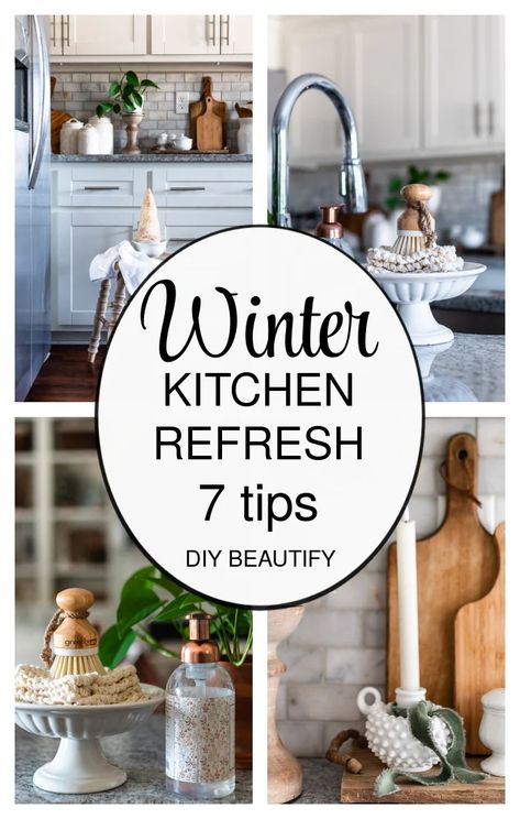 winter kitchen refresh collage Winter Kitchen Aesthetic, Winter Kitchen Counter Decor, Home Refresh Ideas, Kitchen Diy Decor, Diy Winter Decor, Winter Kitchen Decor, Trendy Kitchen Design, Hanging Mugs, Winter Decor Ideas