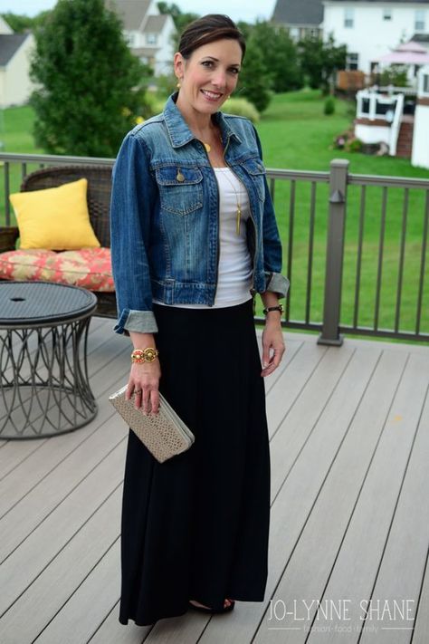 How to Wear a Denim Jacket: 10 fashion bloggers share their tips for styling this wardrobe essential. A black maxi skirt and a white tank… Fashion For The Modern Mom Jo Lynne Shane How To Wear Denim Jacket, Long Black Skirt, Jewelry Tips, Rock Outfit, Maxi Skirt Outfits, Fashion For Women Over 40, Black Maxi, Fashion Over 40, Fashion Over 50