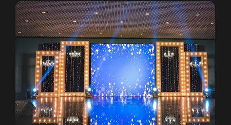 Cosplay Backdrop Ideas, Sangeet Stage Indoor, Sangeet Led Backdrop, Sangeet Stage Design, Sangeet Stage Decor With Led Screen, Led Screen Stage Design Backdrops, Led Backdrop Stage Design, Led Stage Backdrop, Mini Stage Design Ideas