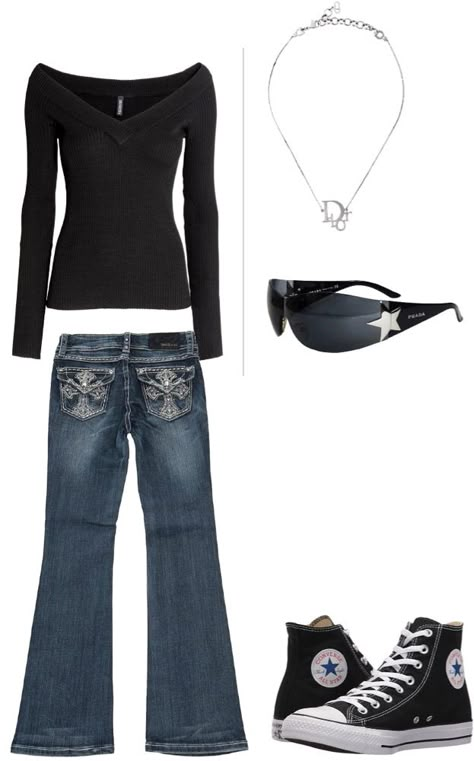 I would wear this at school shopping or actually anywhere 2000’s Jeans, Y2k Bootcut Jeans Outfit, Outfit Ideas With Glasses, Boot Cut Outfit, Thirteen Outfit Ideas, Boot Cut Jeans Outfit Casual, How To Style Boot Cut Jeans, Outfits With Flared Jeans, 2000 Fashion Outfits