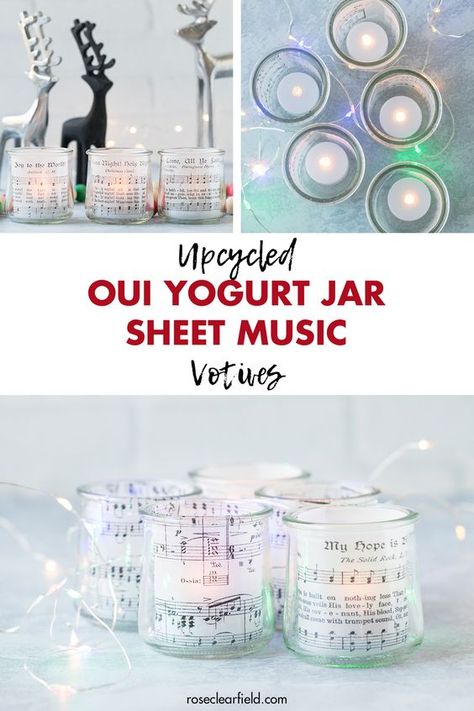 Upcycle Oui yogurt jars into beautiful sheet music votives! Perfect for party centerpieces, holiday decor, gifts, and more. #upcycled #DIYproject #sheetmusic Votive Candle Holders Diy, Mason Jar Christmas Decorations, Oui Yogurt, Candle Repurpose, Yogurt Jars, Budget Weddings, Candle Holder Crafts, Crafts With Glass Jars, Hand Painted Wine Bottles