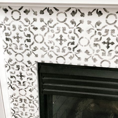 Fireplace Stencils, Fireplace Tile Makeover, Stenciled Fireplace, Tile Makeover, Makeover Madness, Fireplace Makeovers, Patio Homes, Aunt Becky, Tv Nook