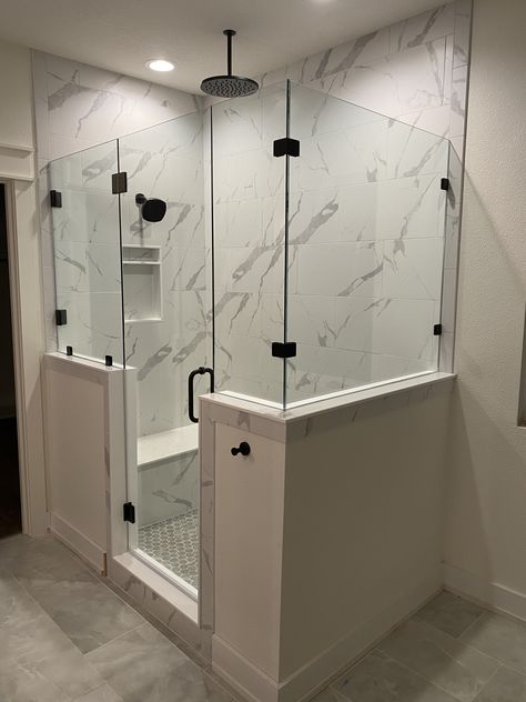 Shower Doors With Pony Wall, Master Shower With Half Wall, Small Full Bathroom Walk In Shower Ideas, Shower In Middle Of Bathroom, Bathroom Shower Fixtures, Tile Showers, Walk In Shower Ideas, Bathroom Redecorating, Subway Tile Showers