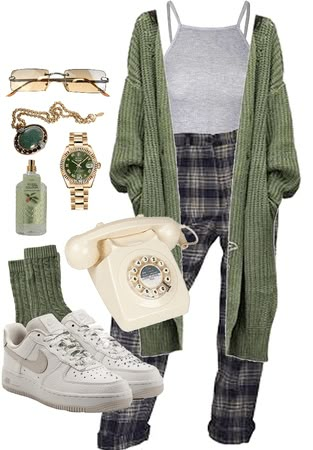 Moss Aesthetic Outfit, Artsy Look Outfits, Artsy School Outfit, Shoplook Outfits Aesthetic, Earthy Grunge Outfits Winter, Retro Green Outfit, Green Aesthetic Vintage Outfit, Green Cute Outfits, Green Grunge Aesthetic Outfits