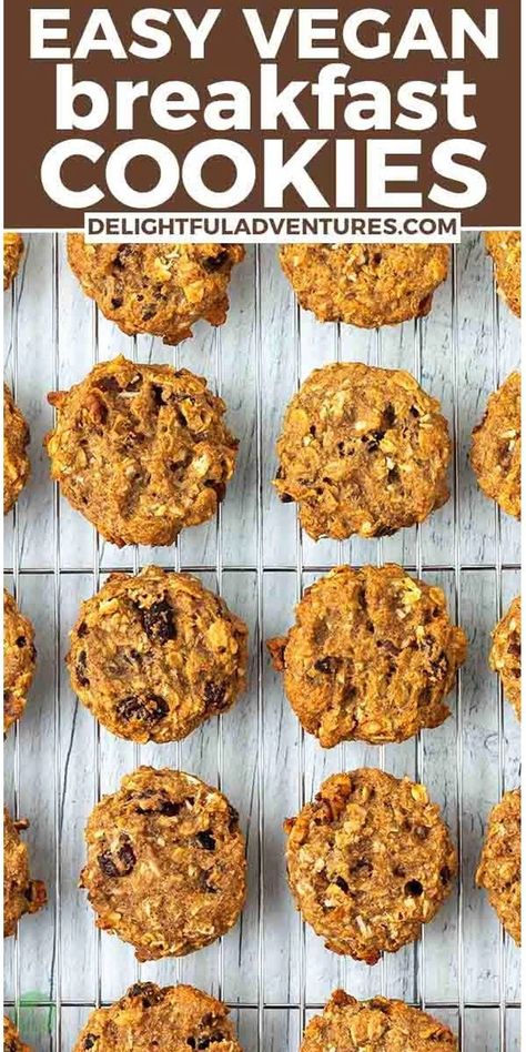 You won't be able to resist these quick and easy vegan breakfast cookies! Made with wholesome ingredients that are gluten-free, dairy-free, egg-free, and naturally sweetened without refined sugar, these soft oatmeal cookies can be customized with nuts, dried fruit, chocolate, or seeds. Perfect for breakfast or a snack, they'll be ready to enjoy in less than 30 minutes! Vegan Breakfast Cookies, Gluten Free Vegan Recipes Desserts, Soft Oatmeal Cookies, Easy Vegan Breakfast, Vegan Gluten Free Dinner, Easy Vegan Cookies, Vegan Oatmeal Cookies, Vegan Gluten Free Cookies, Vegan Gluten Free Breakfast