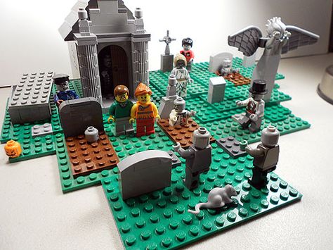 Improving on the cemetery from The Zombies Lego Graveyard Ideas, Lego Tombstone, Lego Cemetery, Lego Graveyard, Lego Haunted Mansion, Halloween Legos, Lego Graveyard Moc, Halloween Lego Sets, Lego Haunted House