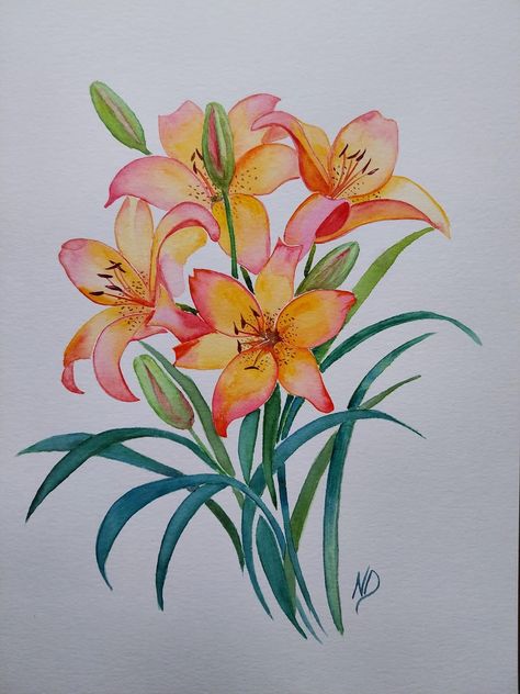 Lilies Watercolor, Orange Lilies, Contemporary Botanical Art, Lilly Flower, Lily Painting, Acrylic Painting Flowers, Door Murals, Painting Demo, Watercolor Painting Techniques