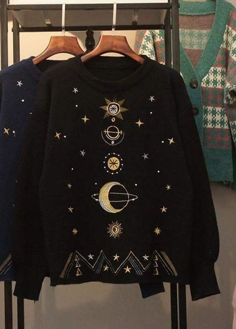 Astrocore Aesthetic Outfits, Galaxy Core Aesthetic Outfits, Moon Themed Clothes, Space Aesthetic Outfit, Celestial Sweater, Star Themed Outfits, Ohio Outfits, Space Sweater, Galaxy Sweater