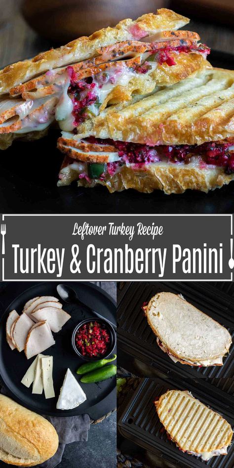 This delicious turkey panini with brie and cranberry is made with crusty bread, thinly sliced turkey, creamy brie cheese, and a sweet and spicy cranberry salsa for the perfect after Thanksgiving sandwich. This turkey panini is a great way to use up leftover turkey after Thanksgiving. Turkey Panini Sandwiches, Turkey Panini Recipes, Sandwich Recipes Panini, Bread Turkey, Brie And Cranberry, Turkey Panini, Brie Sandwich, Thanksgiving Sandwich, Creamy Brie