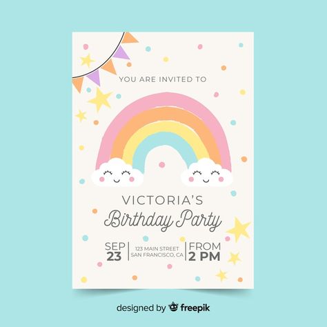 Rainbow Birthday Invitations Template, Rainbow Invitations Birthday, Girly Party Ideas, Rainbow Invitation, Kids Invitation, Birthday Party Invitations Free, Dora And Friends, Rainbow First Birthday, Rainbow Party Decorations