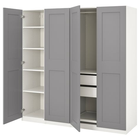 IKEA - PAX / GRIMO, Wardrobe combination, white/Grimo gray, 10-year Limited Warranty. Read about the terms in the Limited Warranty brochure. You can easily adapt this ready-made PAX/KOMPLEMENT combination to suit your needs and taste using the PAX planning tool. Pax Grimo Wardrobe, Pax Planner, Ikea Pantry, Armoire Ikea, Armoire Pax, Pax System, Wardrobe Designs, Pax Wardrobe, Armoires & Wardrobes