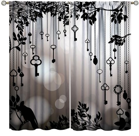 Cool Bedroom Items, Gothic Interior Design Bedroom, Modern Victorian Curtains, Curtain Aesthetic Dark, Halloween Curtain Ideas, Country Goth Decor, Dark Fairy Core Room, Vintage Goth Home Decor, Curtains Living Room Black