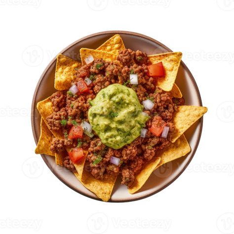 maíz papas fritas nachos con frito picado carne y guacamole aislado ilustración ai generativo Nachos, Guacamole, Collage