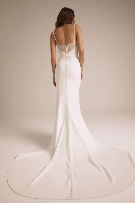 Wedding Dresses Covered Back, Lace Underlay Wedding Dress, Plain Boho Wedding Dress, Wedding Gown Removable Sleeves, Simple Fit And Flare Wedding Dress With Sleeves, Simple Elegant Lace Wedding Dress, Buttons Down The Back Wedding Dress, Clean Simple Wedding Dress, Sheer Back Wedding Dress