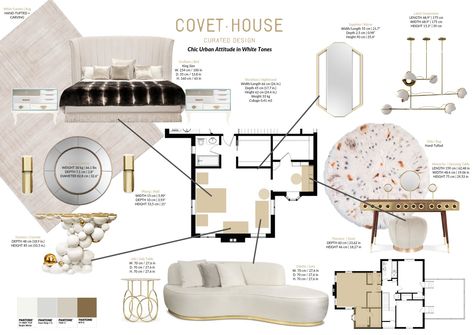 Covet House interior design project featuring Mondrian nightstands, Newton console, and Odette sofa. Discover other golden options. #bocadolobo #luxuryfurniture #exclusivedesign #interiodesign #designideas #modernroom #modern #decorideas #livingroomideas #interiodesign #decor #homedecor #sofas ideas #roomdesign #roomideas #homeideas #interiordesignstyles #interiordesigninspiration #interiorinspiration #bedroom #bedroomdecor #bedroomdesign Portfolio Design Layouts, Design Portfolio Layout, Interior Design Presentation Boards, Interior Presentation, Interior Design Portfolio Layout, Mood Board Interior, 포트폴리오 레이아웃, Covet House, Interior Design Presentation