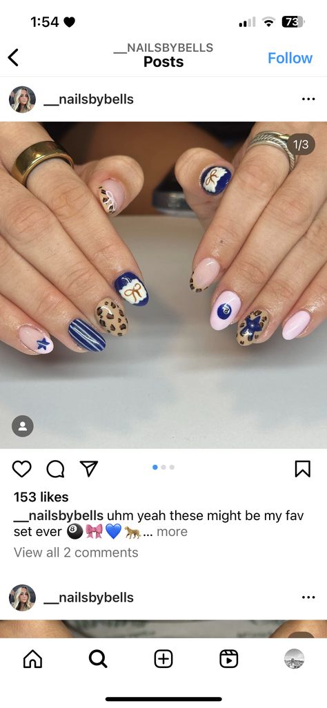 Navy Leopard Print Nails, Nail Designs With Navy Blue, Cheetah Print Nails Tutorial, Blue And Cheetah Nails, Blue And Leopard Nails, New York Aesthetic Nails, Pink Cheetah Nail Designs, Mismatched Nail Designs, Cop Nails