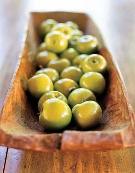 8 Ways to Decorate with Antique Dough Bowls - Ahna Fulmer Fruit Bowl Display, Serving Buffet, Dough Bowl Centerpiece, Bowl Ideas, Kitchen Table Centerpiece, Fruit Display, Wooden Dough Bowl, Green Apples, Bread Bowls