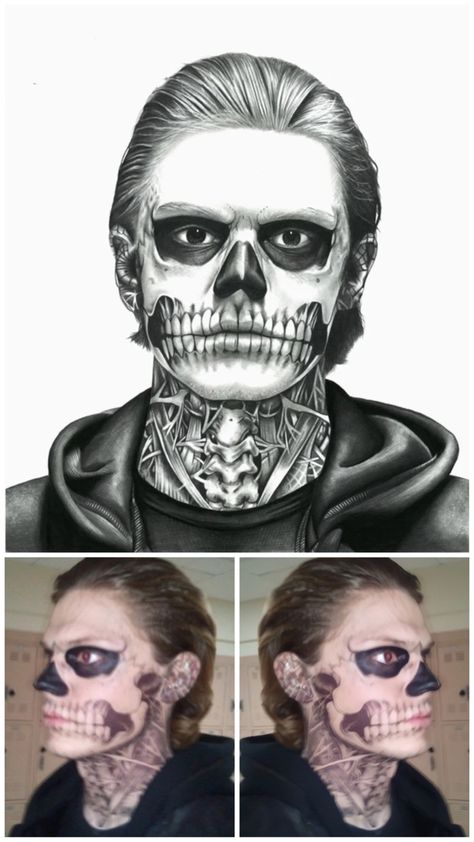 Tate Langdon Skeleton Makeup, Guys Skull Makeup, Tate Makeup American Horror Story, Eye Black Ideas, Face Painting Ideas Adults, Skeletal Makeup, Skeleton Half Face Makeup, Tate Langdon Makeup Tutorial, Male Skull Makeup