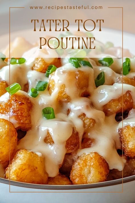 This Tater Tot Poutine puts a fun twist on the classic Canadian dish! Crispy tater tots are layered with creamy vegan cheese sauce and savory gravy, creating a delicious comfort food perfect for any occasion. Tater Tot Poutine Recipe, Tater Tot Poutine, Vegan Poutine, Poutine Recipe, Canadian Dishes, Crispy Fries, Vegan Worcestershire Sauce, Vegan Cheese Sauce, Baked Fries