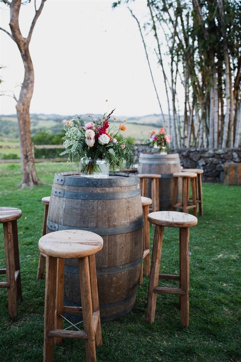 4 Tips to Styling a Cocktail Reception — THE WEDDING SHED | HIRE & STYLE Cocktail Styling, Wedding Cocktail Tables, Cocktail Table Decor, Farm Wedding Reception, Shed Wedding, Wine Barrel Table, Barrel Wedding, Cocktail Wedding Reception, Backyard Reception