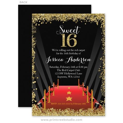 Glamorous gold glitter Hollywood sweet 16 birthday party invitations. Hollywood Sweet 16, Red Carpet Sweet 16, Glitter Sweet 16, Hollywood Birthday Parties, Invitations Quinceanera, Hollywood Birthday, Hollywood Party Theme, 16th Birthday Card, Red Carpet Party