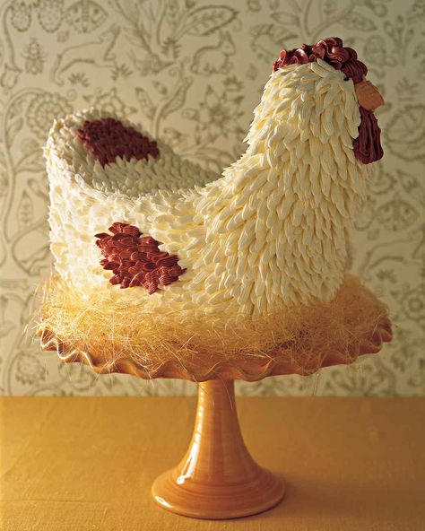 Mother-Hen Cake Recipes | Martha Stewart Living — It's amazing what you can do with buttercream! Felting Birds, Chicken Cake, Colorful Desserts, Mini Tortillas, Chocolate Squares, Animal Cakes, Swiss Meringue, Swiss Meringue Buttercream, Dessert Display