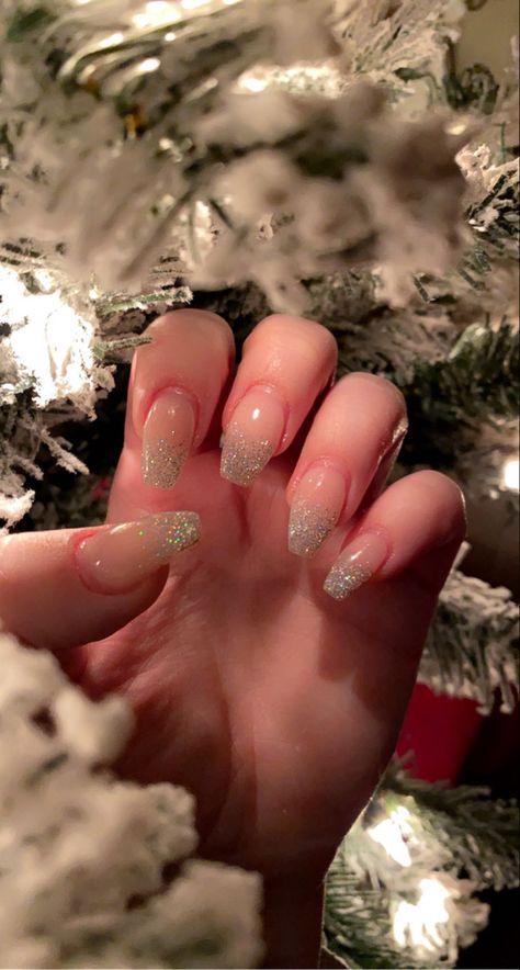 Nails, Sparkle, Holiday, ombré, French, coffin filed Engagement Nails Coffin Short, Glitter French Tips Coffin Short, Sparkle French Tip Nails Coffin, Engagement Nails Coffin Shape, Simple Holiday Nails Coffin, Christmas Nails Ballerina Shape, Glitter French Tips Coffin, Ombre Silver Nails, Winter Ball Nails